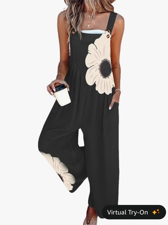 Amazon Pants - QXE Amazon Black Floral Maxi Jumpsuit with White Floral Blooms